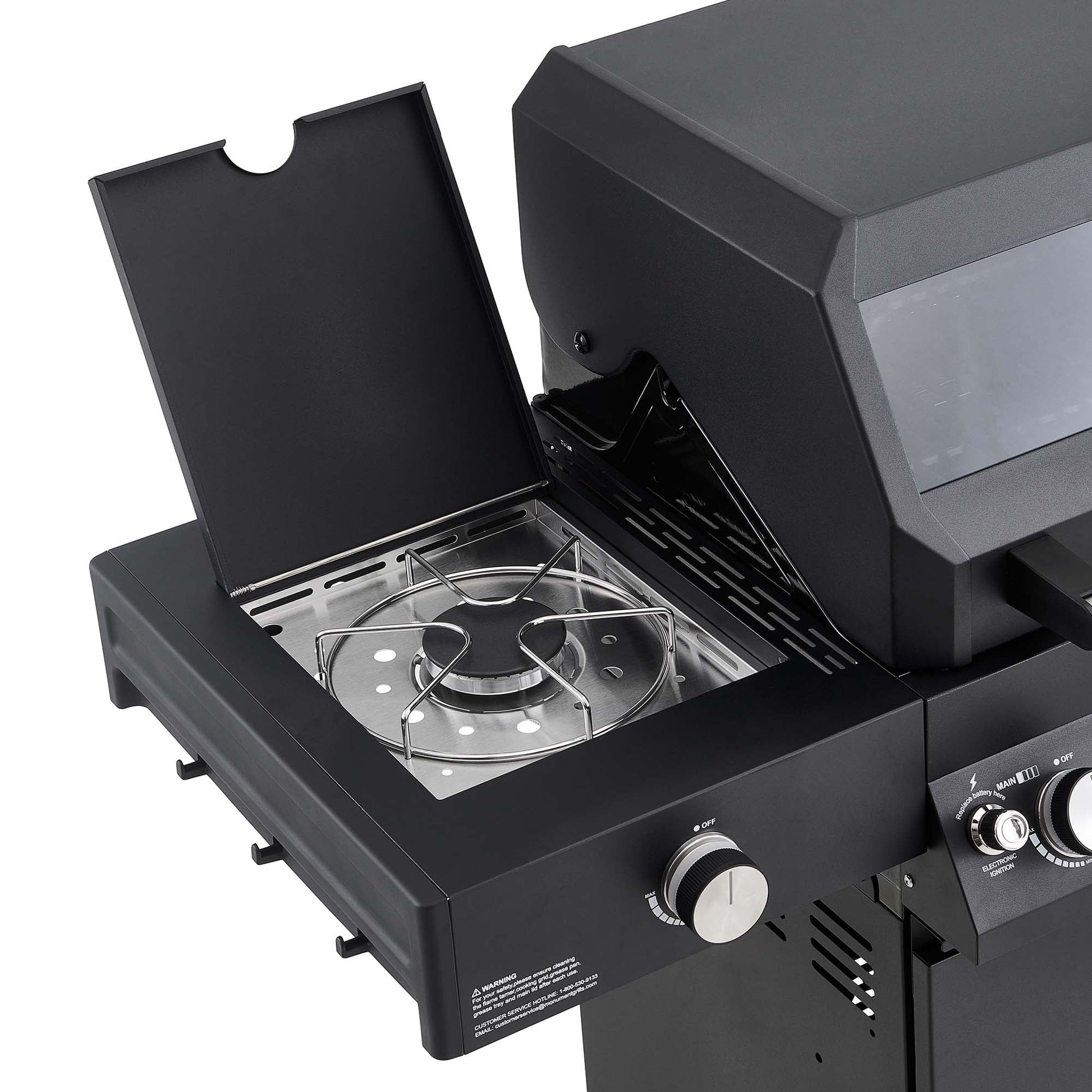 Denali 4-Burner Propane Gas Grill in Black with Clearview Lid, 3-Phase LED Controls and Side Burner