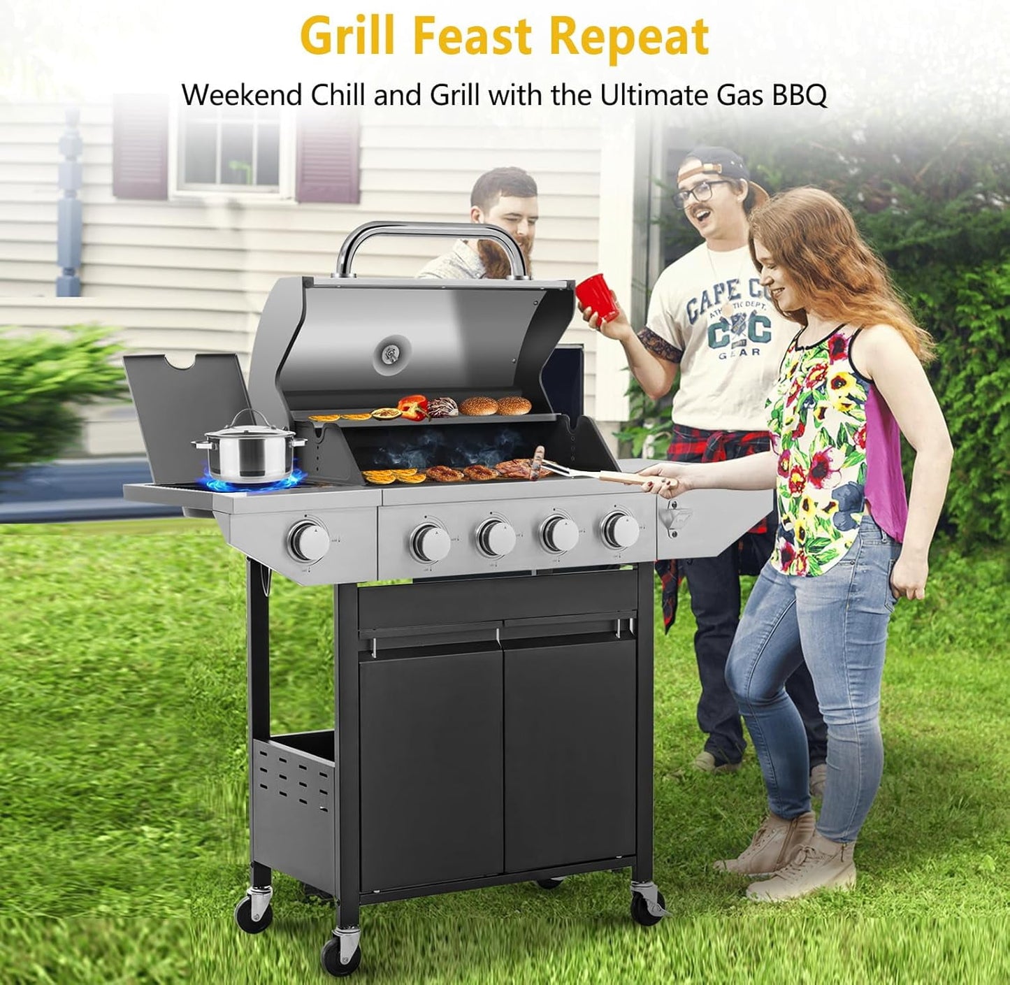 HighSound 4-Burner Propane Gas Grill with Side Burner, 46700 BTU Porcelain-Enameled Cast Iron Grates Outdoor Cooking Stainless Steel BBQ Grills Cabinet, Black