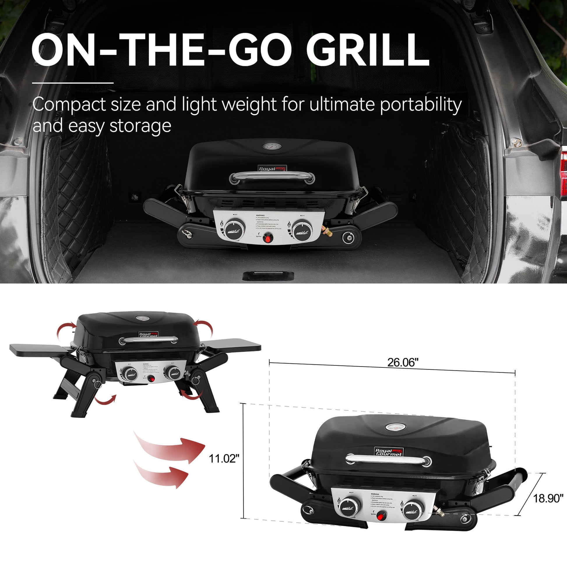 Royal Gourmet GT2005 2-Burner Portable Propane Gas Grill, Tabletop Gas Grill for Outdoor Cooking & Grilling with Foldable Side Tables