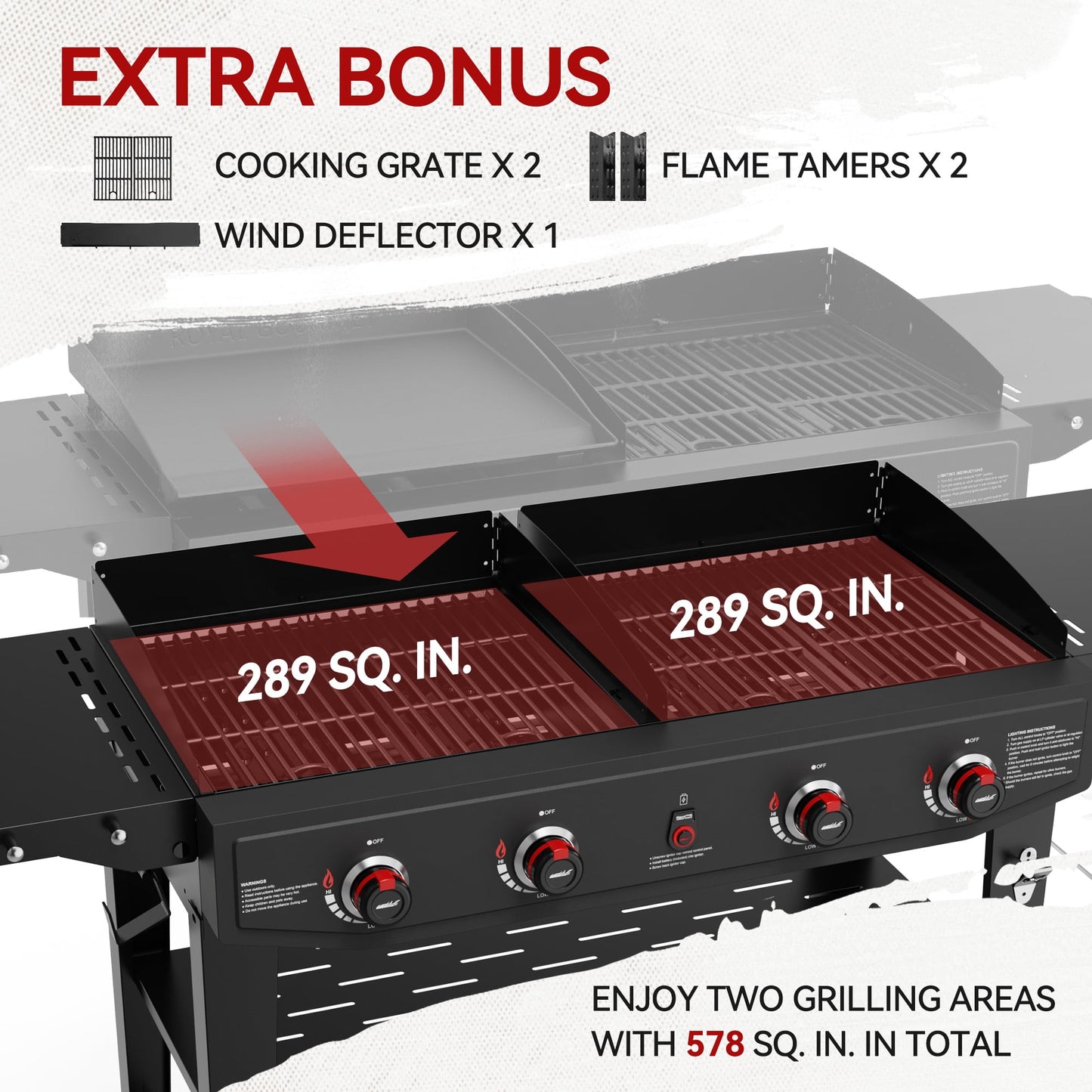 Royal Gourmet GD405A Propane Gas Grill and Griddle Combo, 4-Burner Event Combo Grill with An Extra Set of Grilling Gear (Grate x 2; Flame Tamer x 2; Wind Deflector x 1)