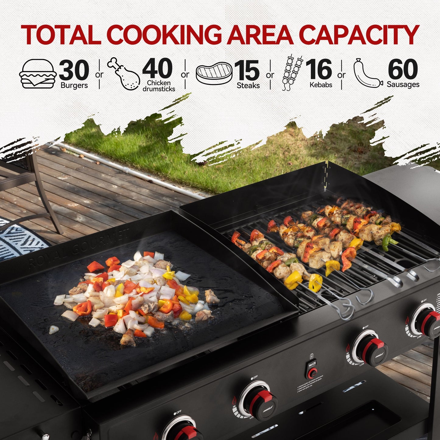 Royal Gourmet GD405A Propane Gas Grill and Griddle Combo, 4-Burner Event Combo Grill with An Extra Set of Grilling Gear (Grate x 2; Flame Tamer x 2; Wind Deflector x 1)