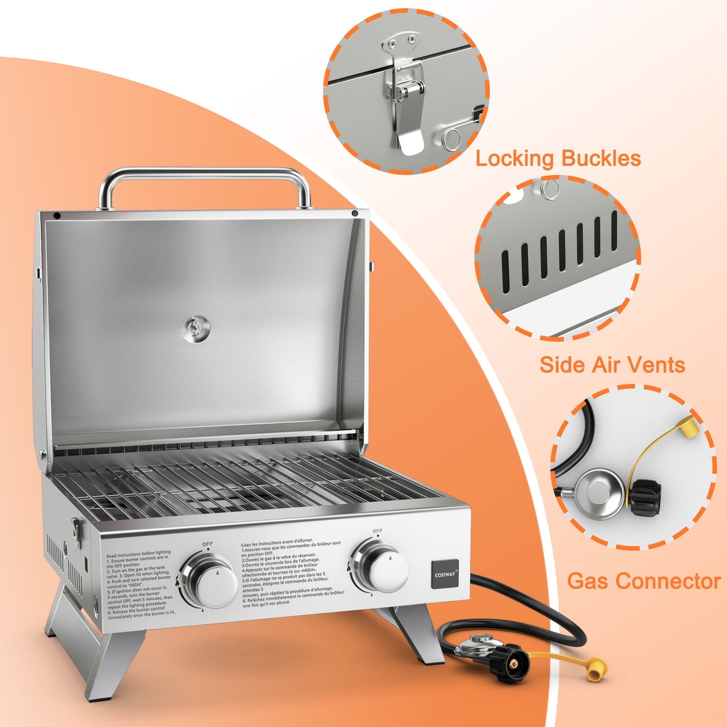 Costway 20,000 BTU Stainless Steel Propane Grill for Outdoor Camping Picnics Tailgating Sliver