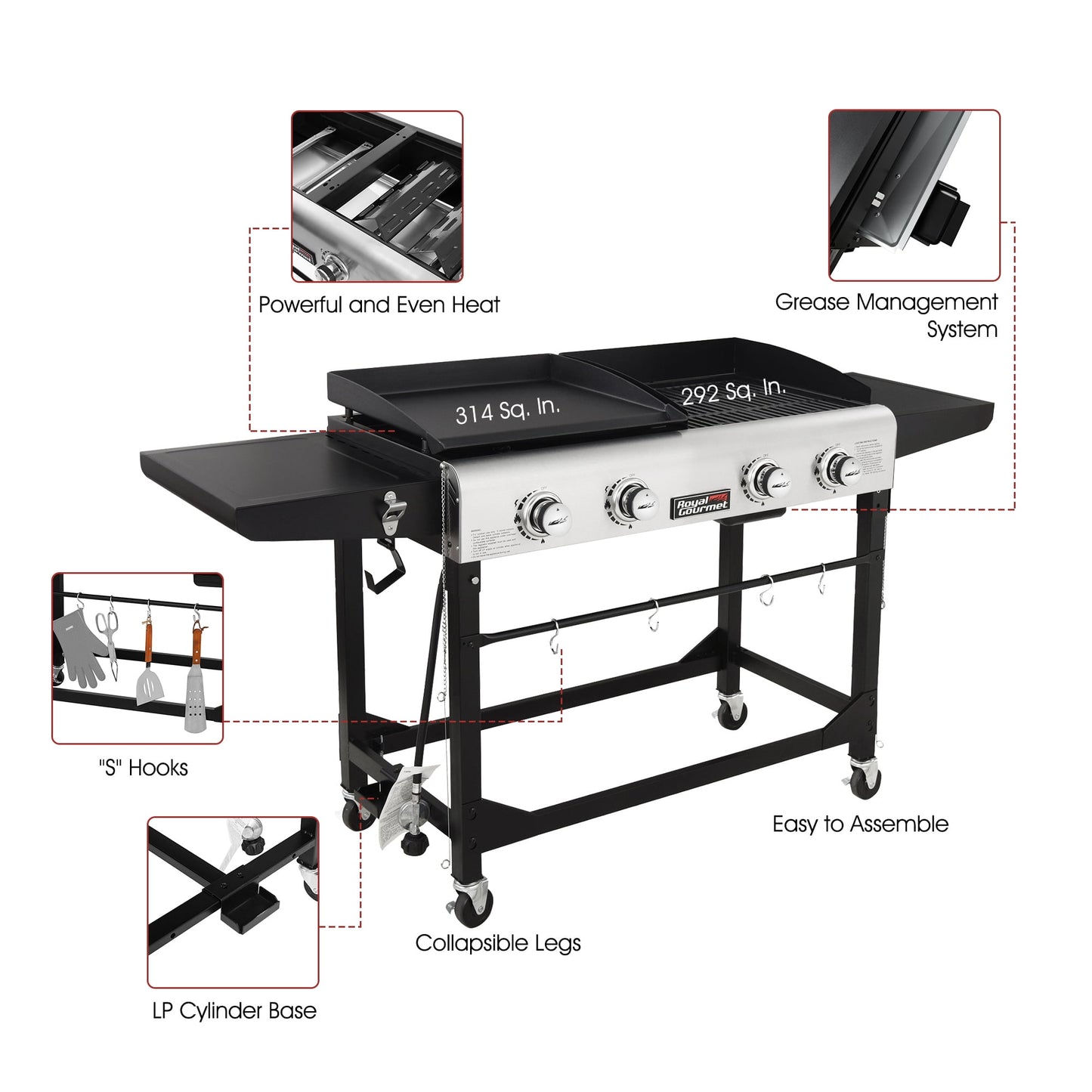 Royal Gourmet 4-Burner GD401 Portable Flat Top Gas Grill and Griddle Combo with Folding Legs