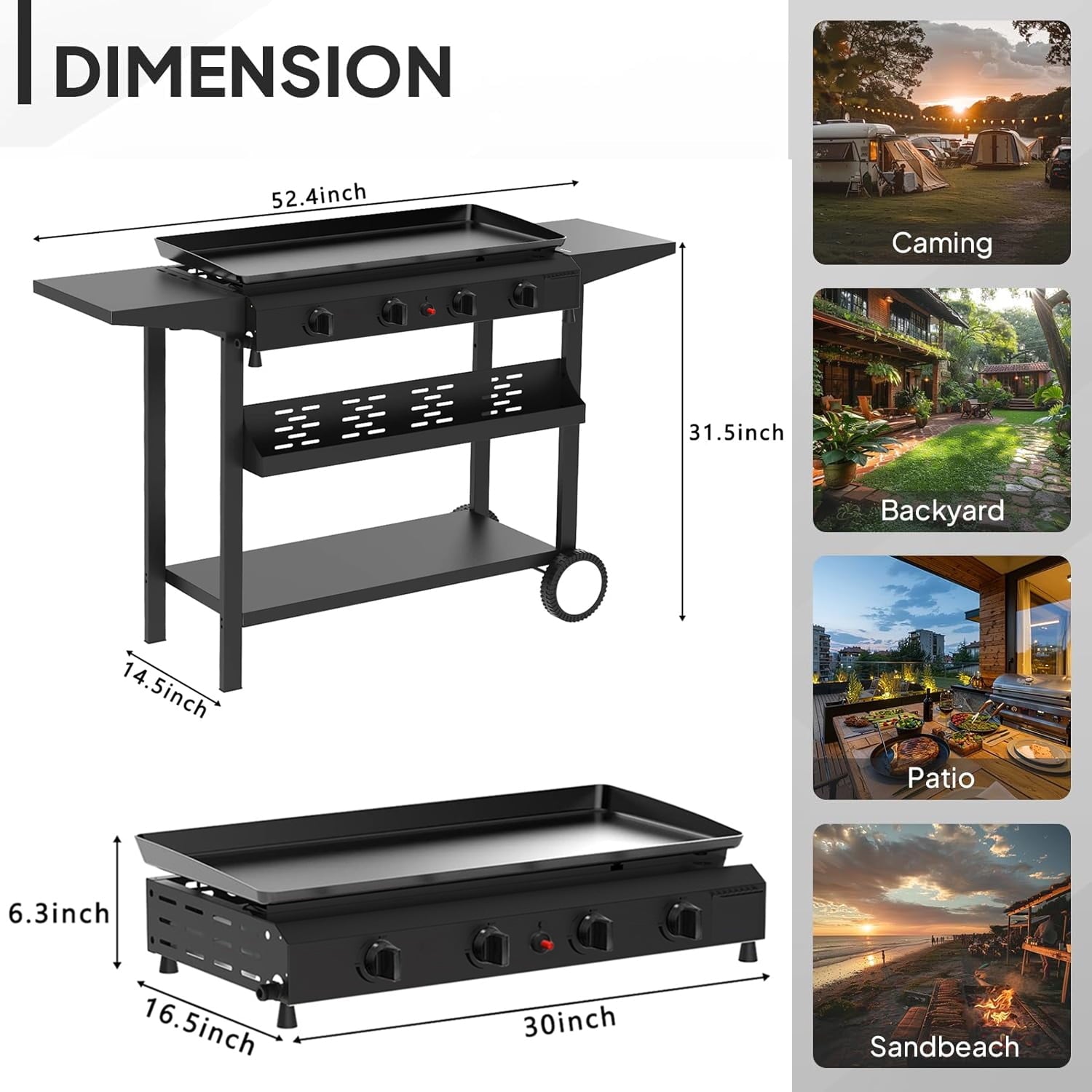 SUGIFT 4-Burner Propane Gas Griddle Flat Top Grill with Side Shelf for Outdoor BBQ & Camping
