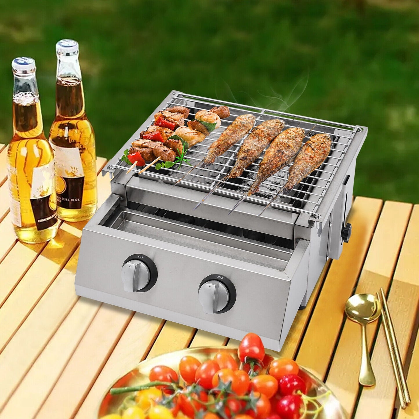 2 Burner Tabletop Propane Gas Grill Stainless Steel Outdoor BBQ Camping Griddle