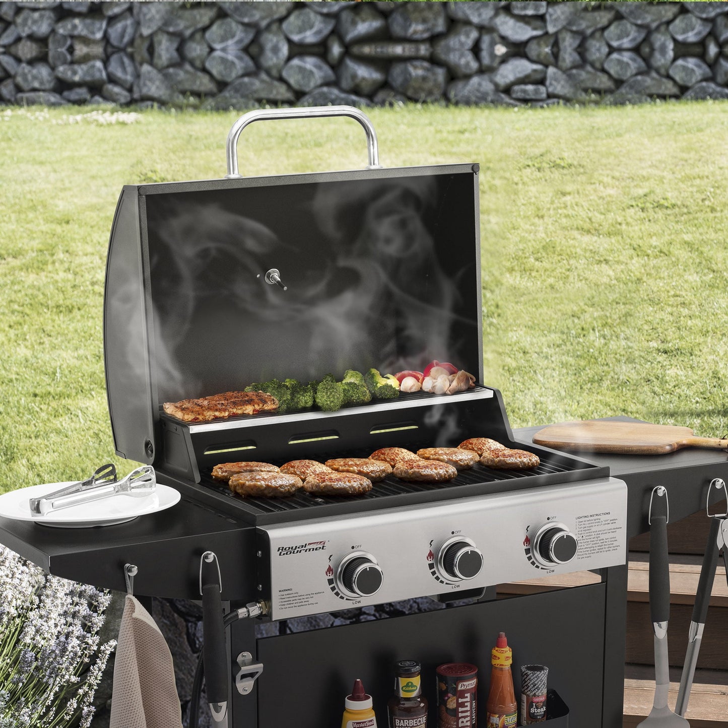 Royal Gourmet 3-Burner BBQ Gas Grill with Front Spice Rack, Two Side Shelves and Hooks, 30,000 BTU, GH3001H