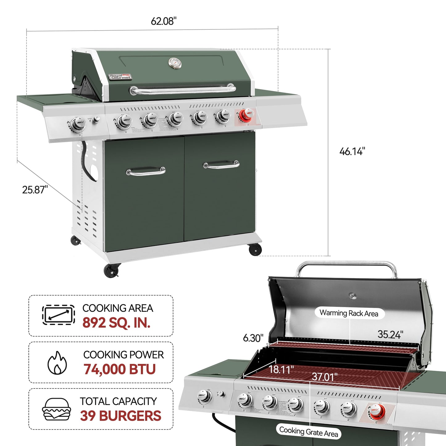 Royal Gourmet GA6402L 6-Burner BBQ Liquid Propane Gas Grill in Olive Green, with Sear Burner and Side Burner