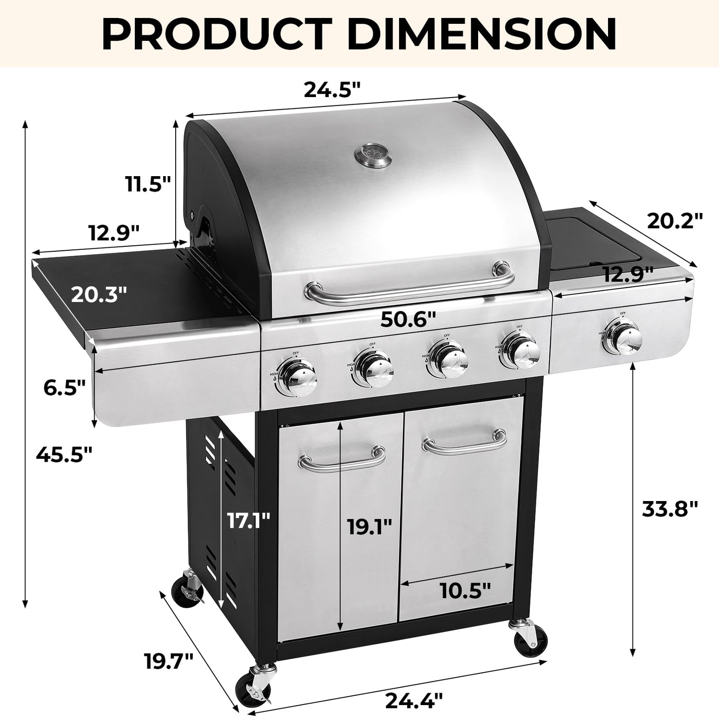 Arlopu 4-Burner Propane Gas Grill with Side Burner Stainless Steel Patio Garden Barbecue Grill for Camping, Outdoor Cooking, BBQ