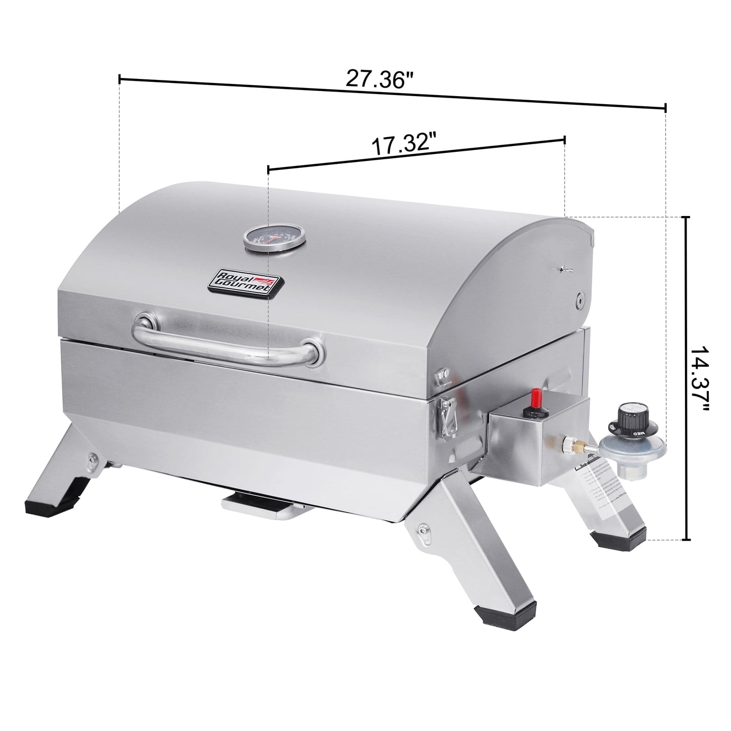 Royal Gourmet GT1001 Stainless Steel Portable Gas Grill, Tabletop Grill with Folding Legs and Lockable Lid, Outdoor Camping, Deck and Tailgating, Silver