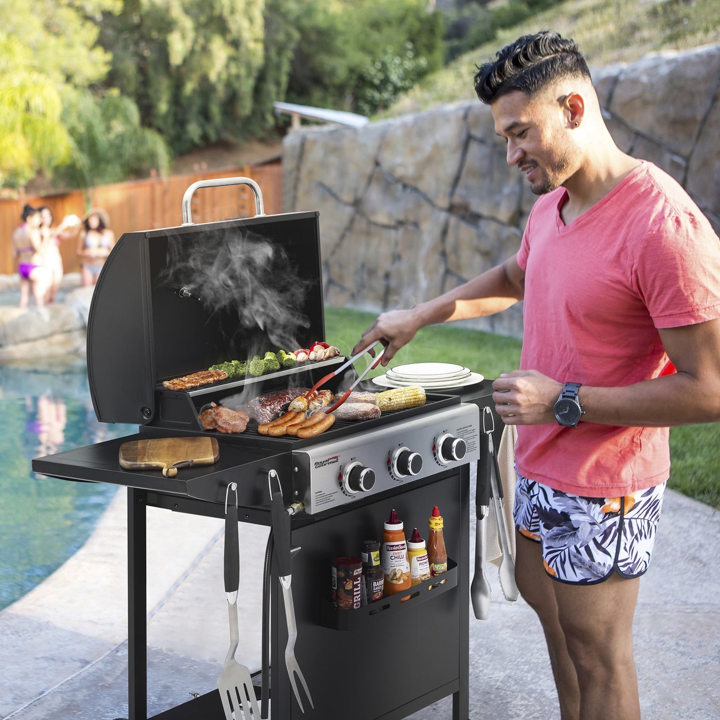Royal Gourmet 3-Burner BBQ Gas Grill with Front Spice Rack, Two Side Shelves and Hooks, 30,000 BTU, GH3001H