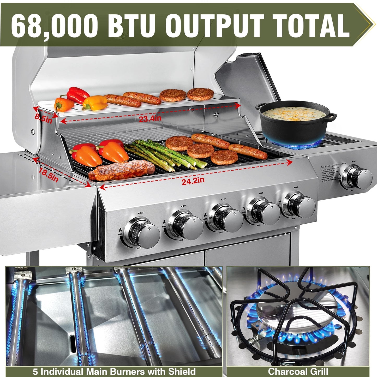 Bestfire 5 Burner Propane Gas Grill with Side Burner,Stainless Steel BBQ Grill & Porcelain-Enameled Cast Iron Grates,58,000 BTU Cabinet-Style Cart Design for Outdoor Backyard Cooking,Garden and Patio