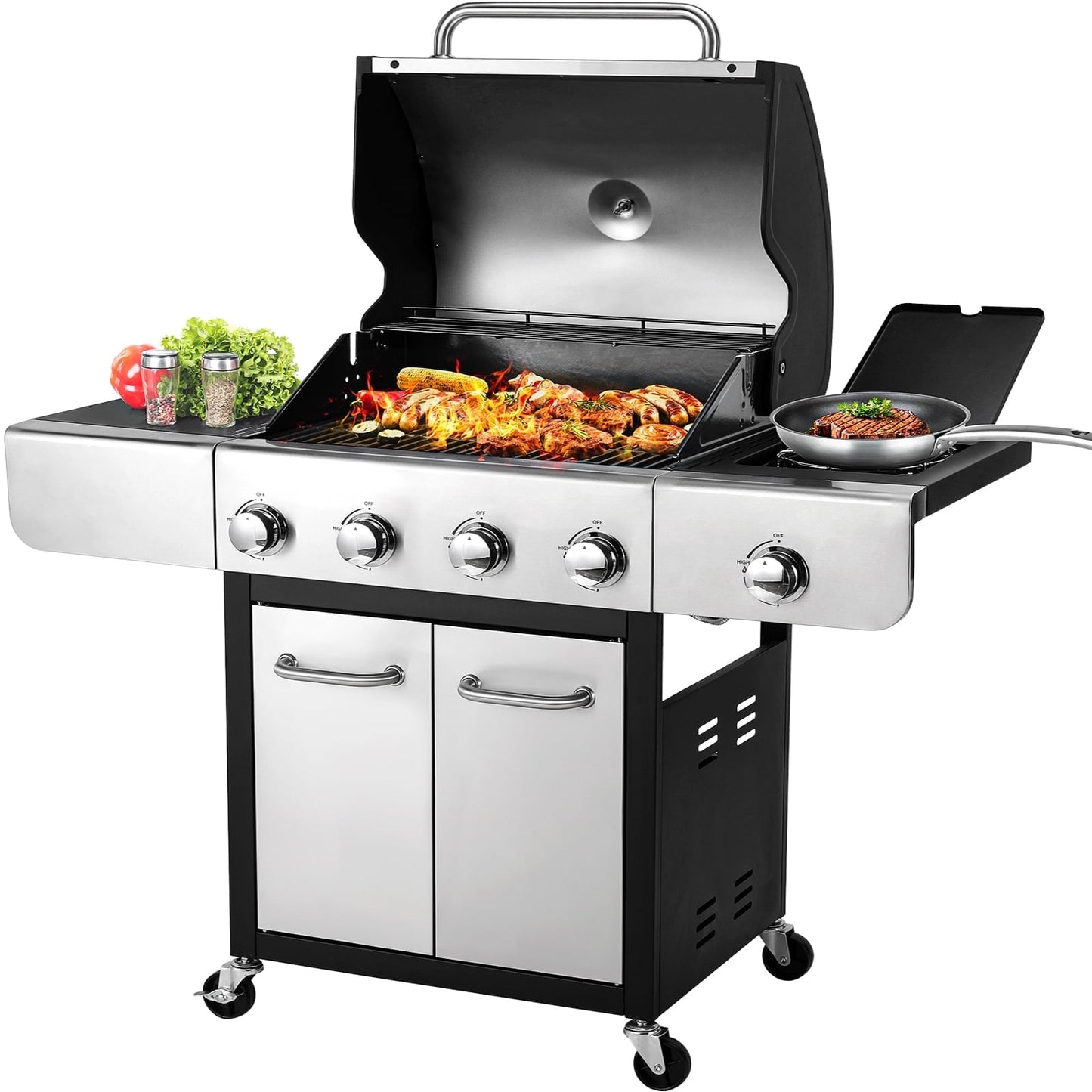 Arlopu 4-Burner Propane Gas Grill with Side Burner Stainless Steel Patio Garden Barbecue Grill for Camping, Outdoor Cooking, BBQ