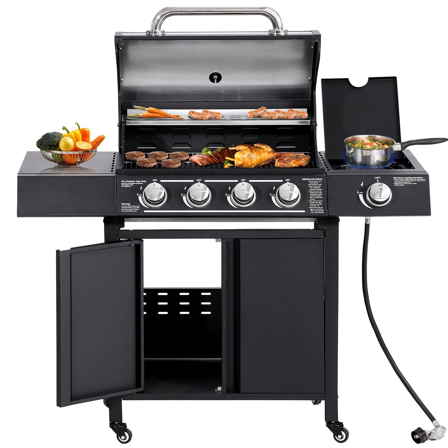 Haverchair 4-Burner Gas Grill Propane with Side Burner 50,000 BTU Outdoor BBQ Propane Gas Grill Cart Barbecue Grill for Patio Garden Picnic Backyard Cooking Camping,Black