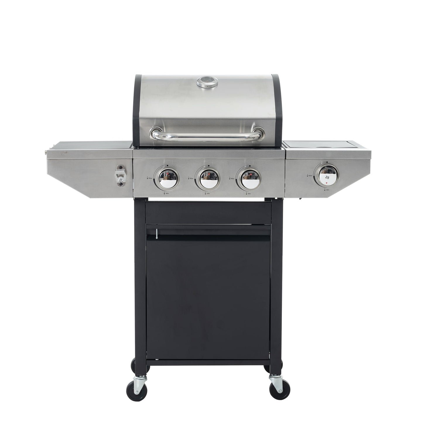 Propane Grill 3 Burner Stainless Steel BBQ Gas Grill with Side Burner, Thermometer, and Even Heating Cast Iron Grates for Outdoor BBQ and Camping