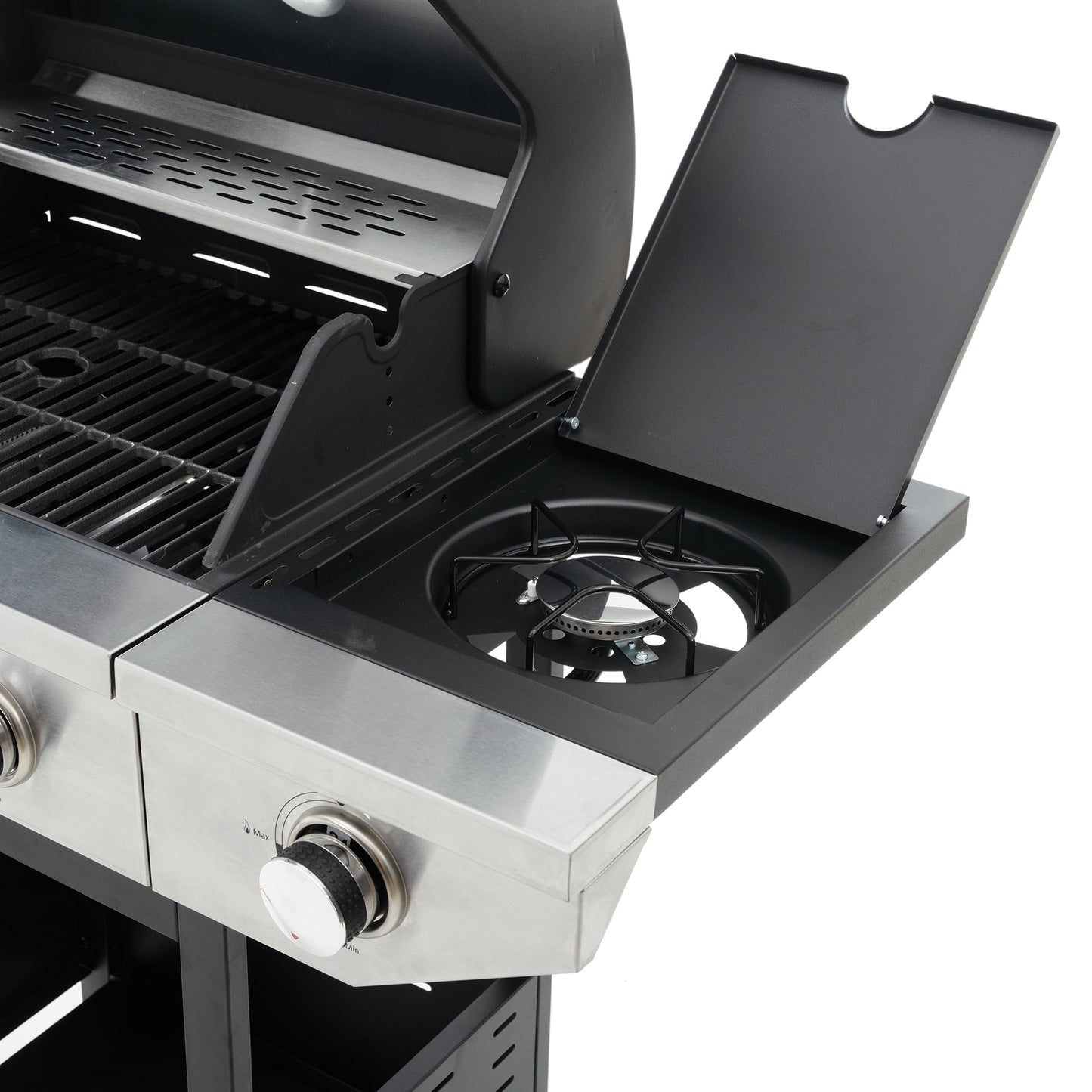 Propane Grill 3 Burner Stainless Steel BBQ Gas Grill with Side Burner, Thermometer, and Even Heating Cast Iron Grates for Outdoor BBQ and Camping