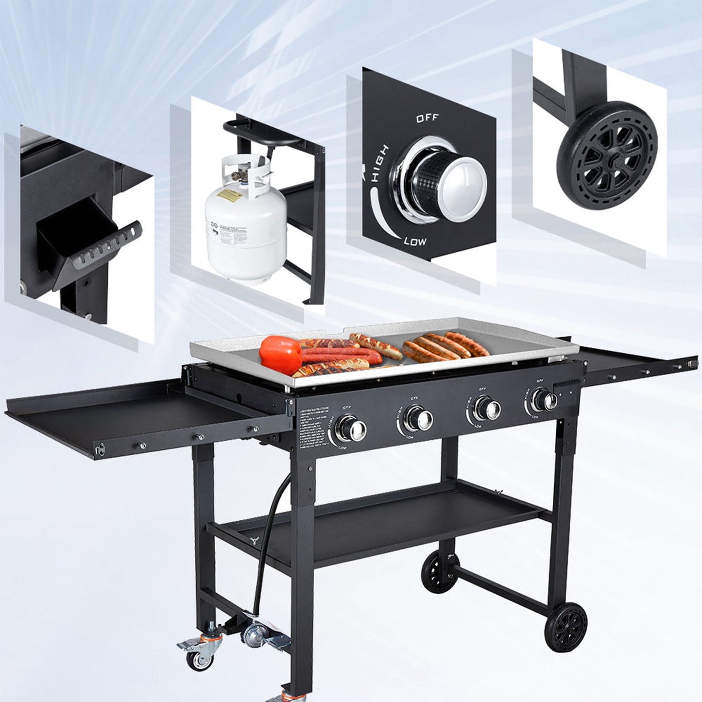 SUGIFT 36" 4-Burner Propane Gas Griddle, 60,000 BTU Flat Top Grill with Side Shelf for Outdoor BBQ & Camping
