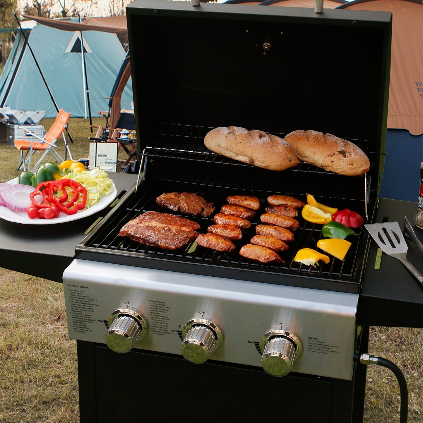 MASTER COOK Propane Gas Grill, 3 Burners Stainless Steel Grill with Foldable Shelves, Black