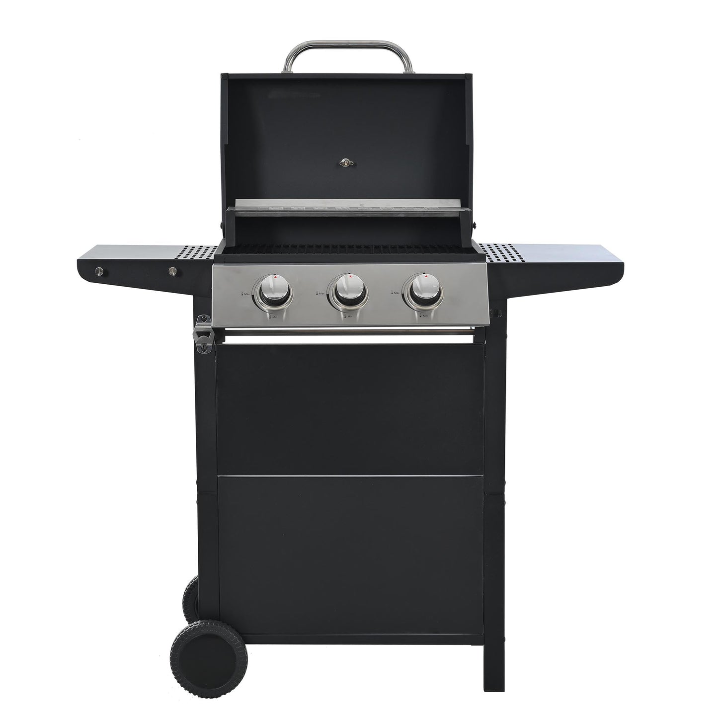 3 Burners BBQ Propane Gas Grill Side Burner & Thermometer, Stainless Steel 25,650 BTU Output Stainless Steel Grill for Patio Garden Barbecue Two Shelves (3-Burners Grill)