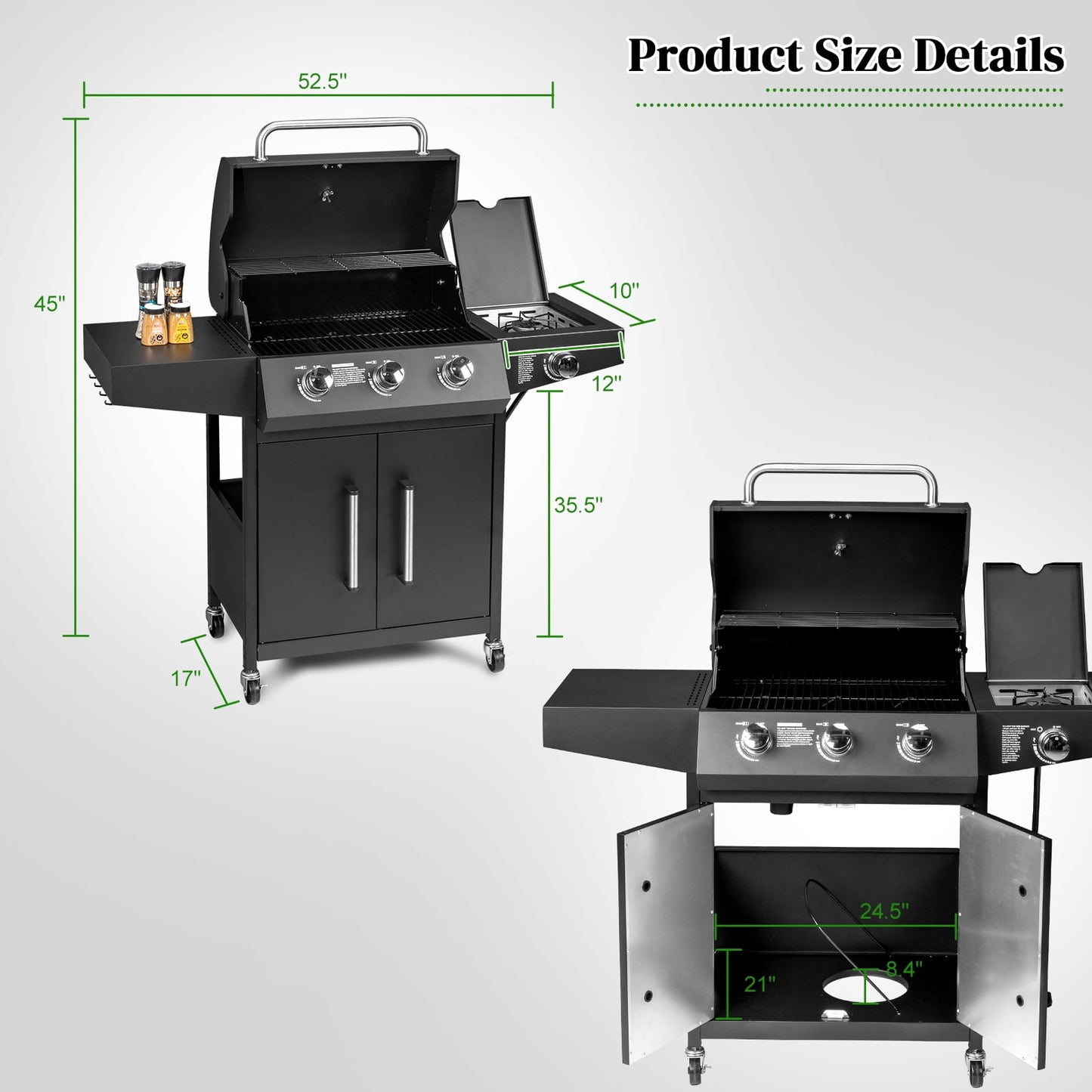 UBesGoo 3 Burner Propane Gas Grill with Side Burner 46000BTU for Camping Cooking BBQ