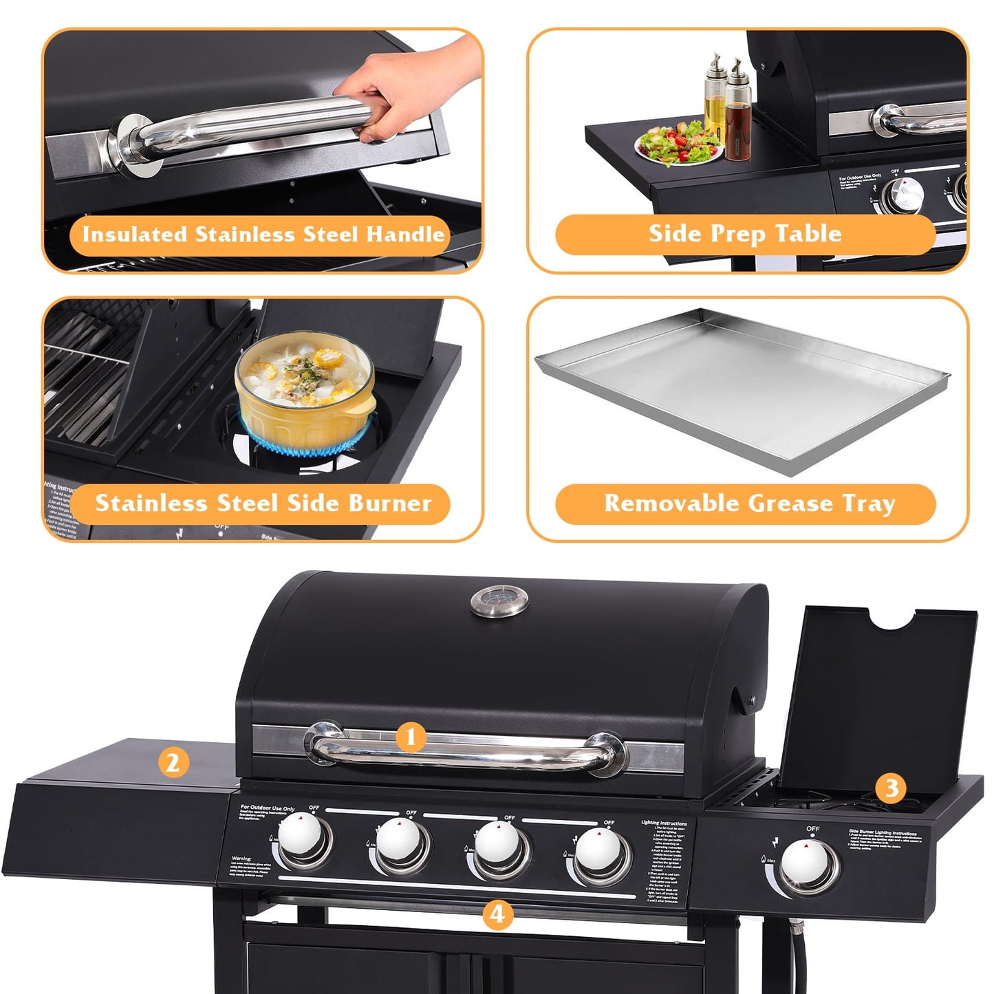 Haverchair 4-Burner Gas Grill Propane with Side Burner 50,000 BTU Outdoor BBQ Propane Gas Grill Cart Barbecue Grill for Patio Garden Picnic Backyard Cooking Camping,Black