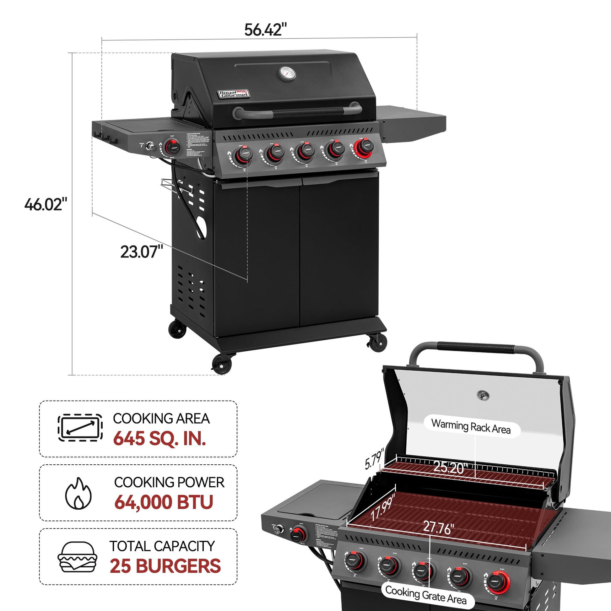 Royal Gourmet GA5407H 5-Burner BBQ Gas Grill with Sear Burner and Lidded Side Burner