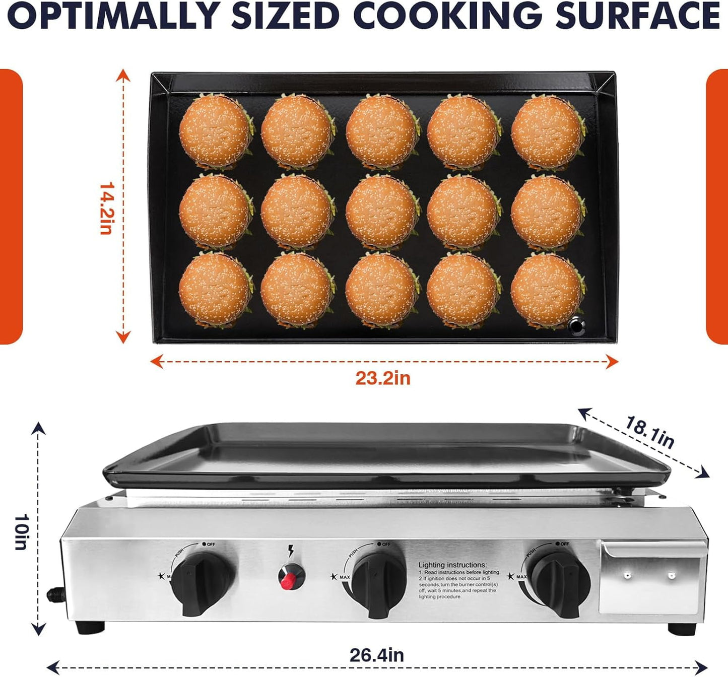 Llamaviva Flat Top Grill with 3 Burners -Auto Ignition Propane Portable GasGrill Premium Stainless Steel Body Tabletop Grill FlatGrills Outdoor Cooking Portable