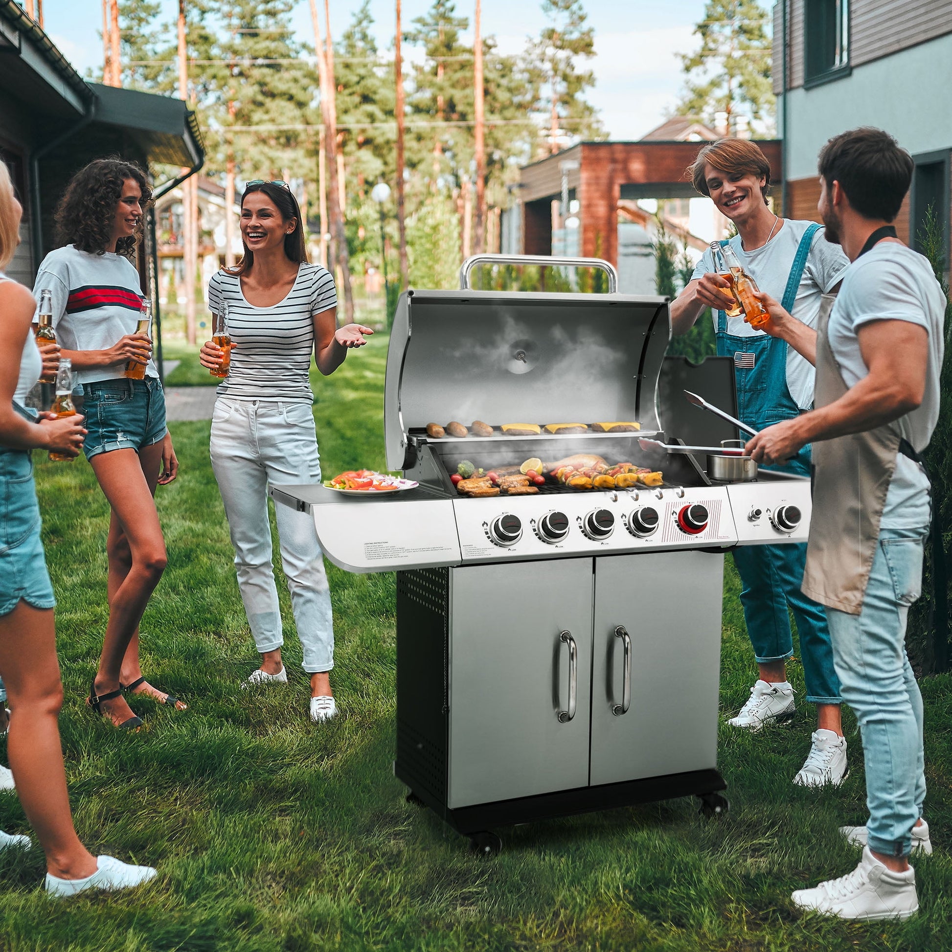 Royal Gourmet SG5002 5-Burner Gas Grill with Sear Burner and Side Burner, Stainless Steel Cabinet Style Gas Grill