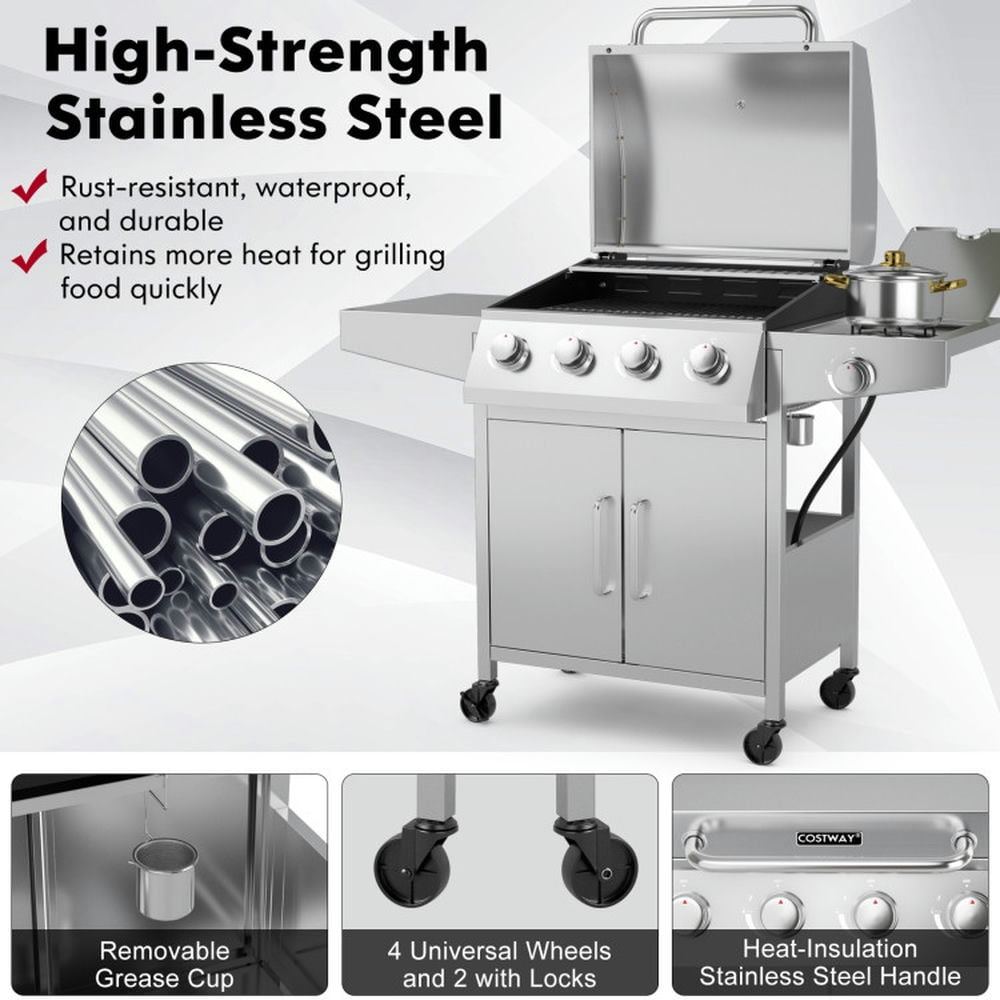 Kepooman Outdoor Grill, Outdoor BBQ Grill,50000BTU 5-Burner Propane Gas Grill with Side Burner and 2 Prep Tables-Silver