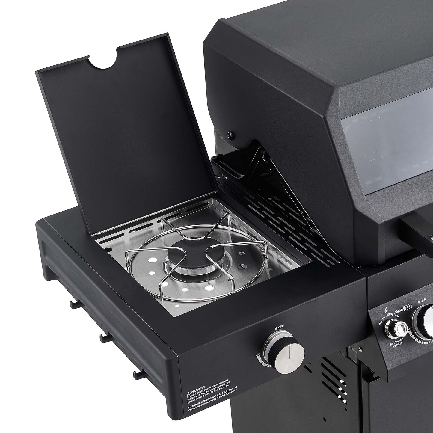 Denali 4-Burner Propane Gas Grill in Black with Clearview Lid, 3-Phase LED Controls and Side Burner