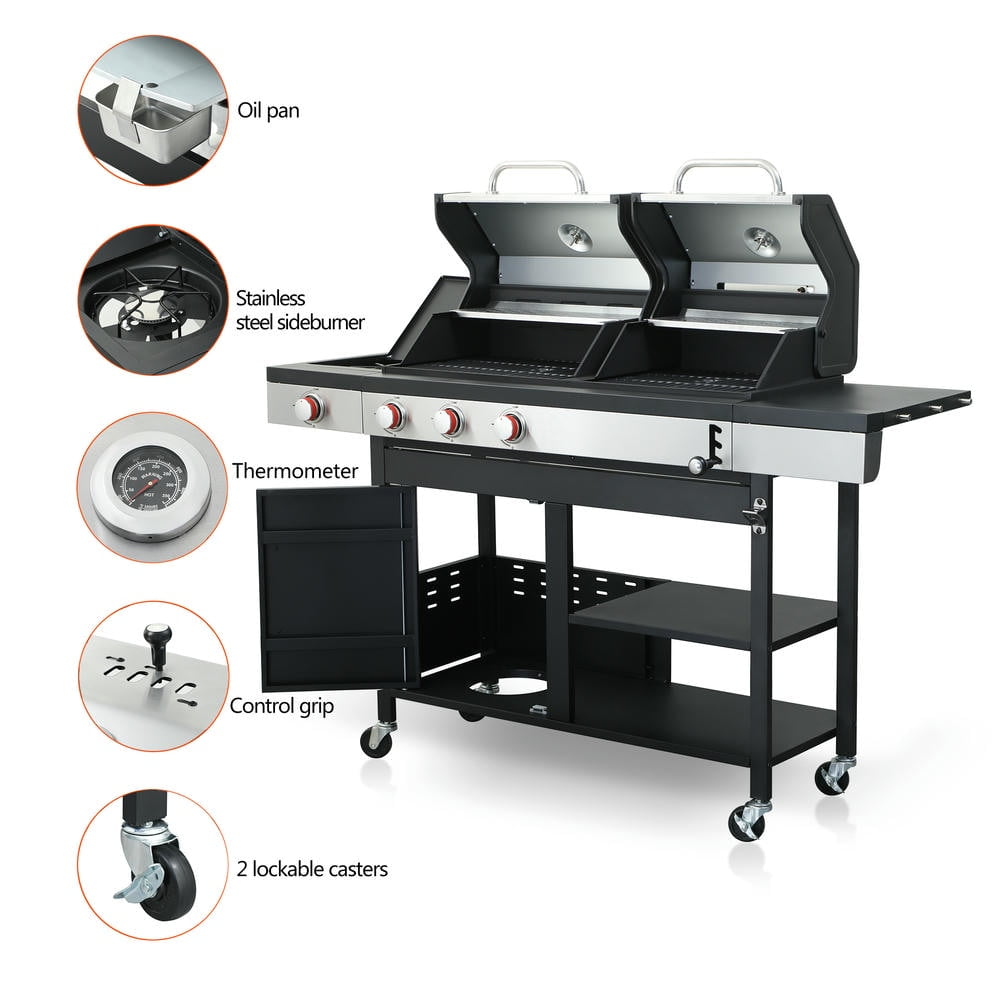 Barara King BBQ Grill, Outdoor Camping Grill,3-Burner Propane Gas BBQ Grill with Side Burner, 37230BTU Output With Enameled Cast Iron Cooking Grids