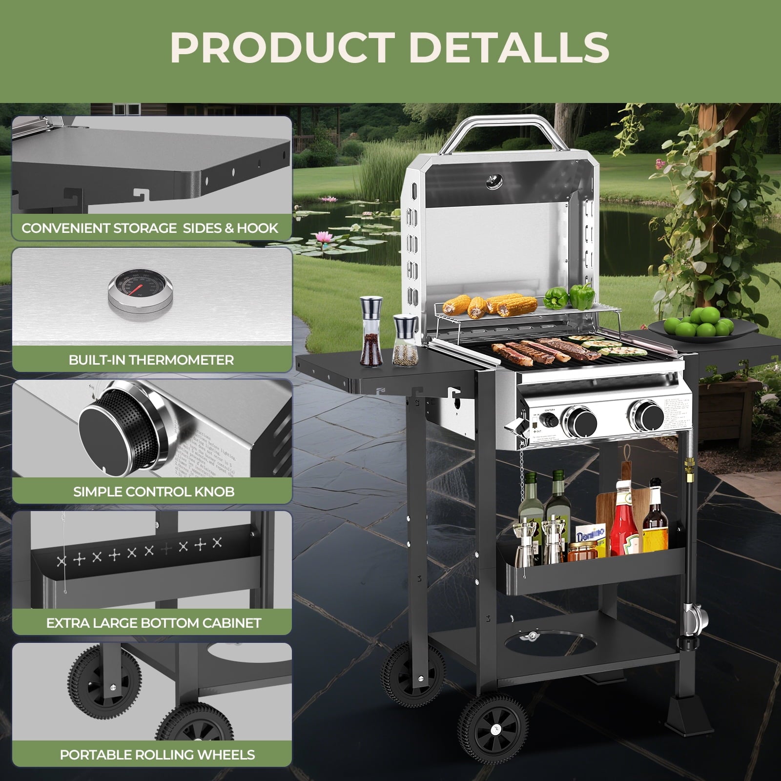 WAA Propane Gas Grill with 2-Burner,Outdoor Gas BBQ Grill with Side Storage Shelves,Top Cover Lid, Oil Tray,Wheels,Barbeque Stove for Barbecue Cooking,Patio,Camping and Party,16000 BTU
