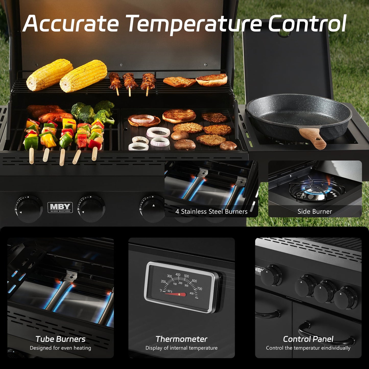 MBY 4-Burner Propane Gas Grill with Side Burner, 50,000 BTU Outdoor BBQ Grill with Cast Iron Grates and Griddle, Heavy Duty for Backyard Cooking