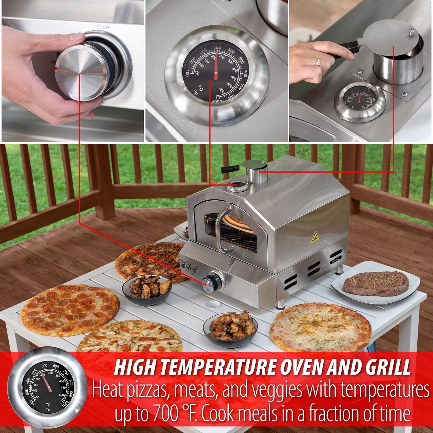 Deco Chef Portable Outdoor Pizza Oven and Grill with Propane Gas CSA Approved Regulator and Hose, Includes Pizza Peel, Stone, Easy Temperature Dial, Built-In Thermometer, and Grill Rack