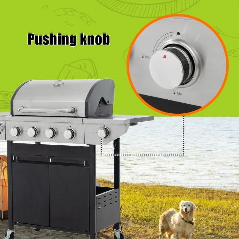 4-Burner Propane Grill with Side Sear Station, 46,700 BTU Stainless Steel BBQ, Cast Iron Grates & Rotisserie Kit for Backyard Cooking, Black and Silver
