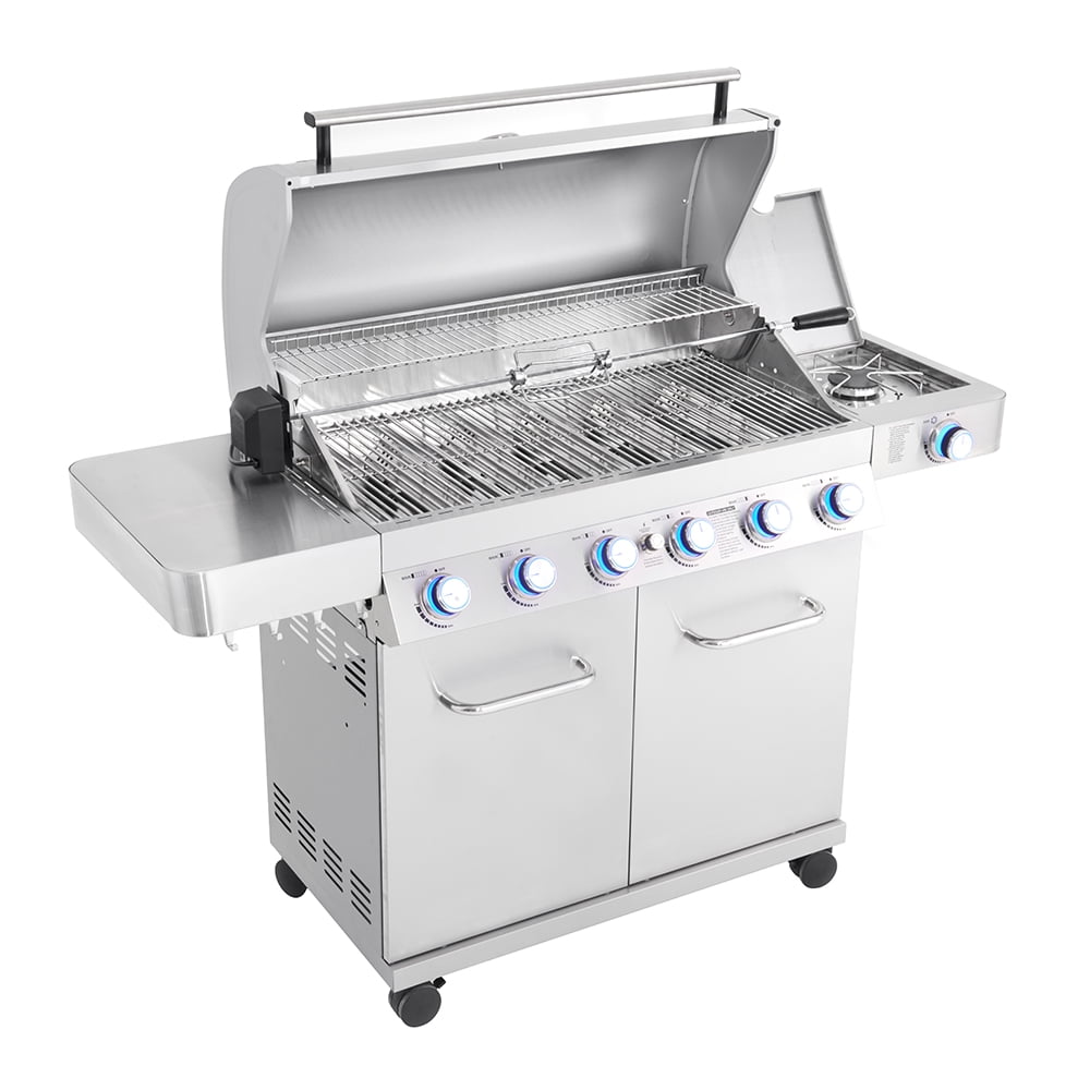 Monument Grills 77352 6-Burner Propane Gas Stainless Grill with LED Controls, Side Burner and Rotisserie Kit