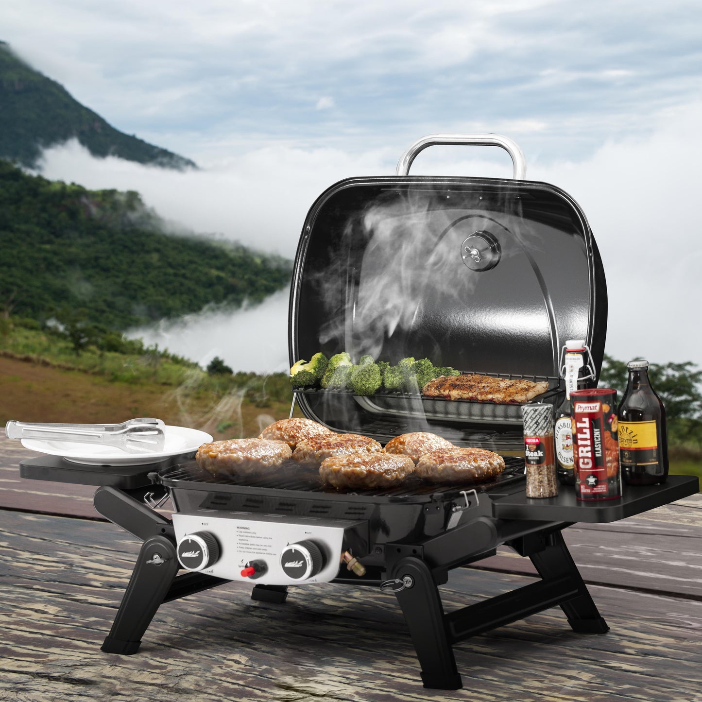 Royal Gourmet GT2005 2-Burner Portable Propane Gas Grill, Tabletop Gas Grill for Outdoor Cooking & Grilling with Foldable Side Tables