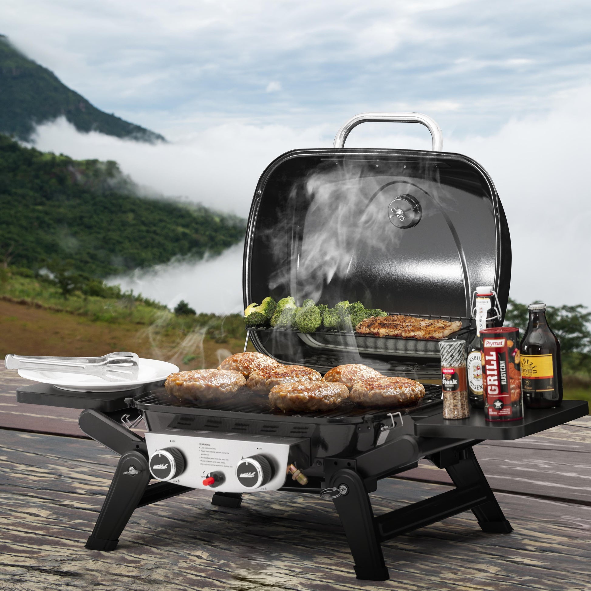 Royal Gourmet GT2005 2-Burner Portable Propane Gas Grill, Tabletop Gas Grill for Outdoor Cooking & Grilling with Foldable Side Tables