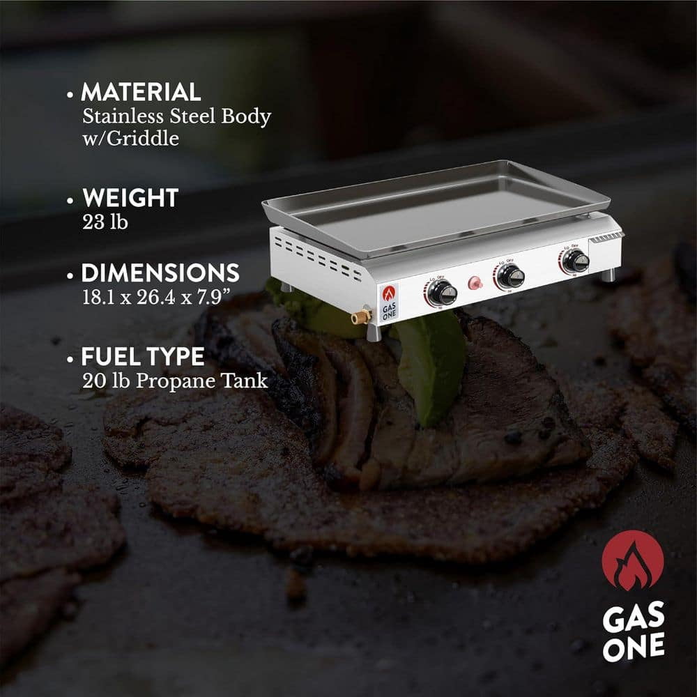 Portable Propane Grill in Stainless Steel 26 in. with Auto Ignition and Pre Season Griddle