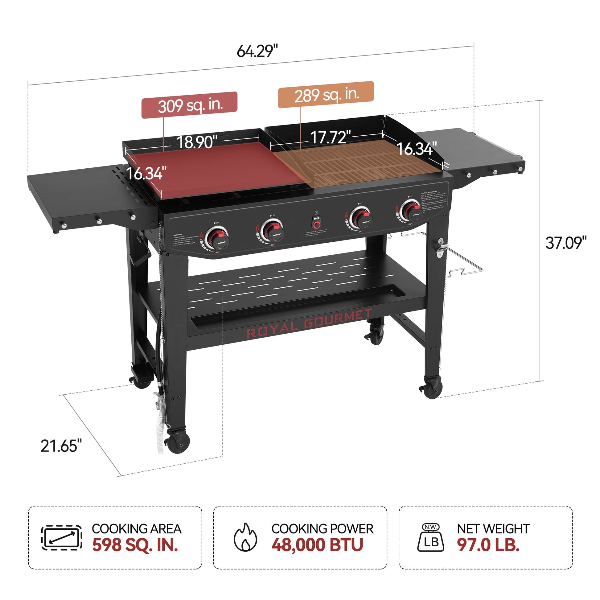 Royal Gourmet GD405A Propane Gas Grill and Griddle Combo, 4-Burner Event Combo Grill with An Extra Set of Grilling Gear (Grate x 2; Flame Tamer x 2; Wind Deflector x 1)
