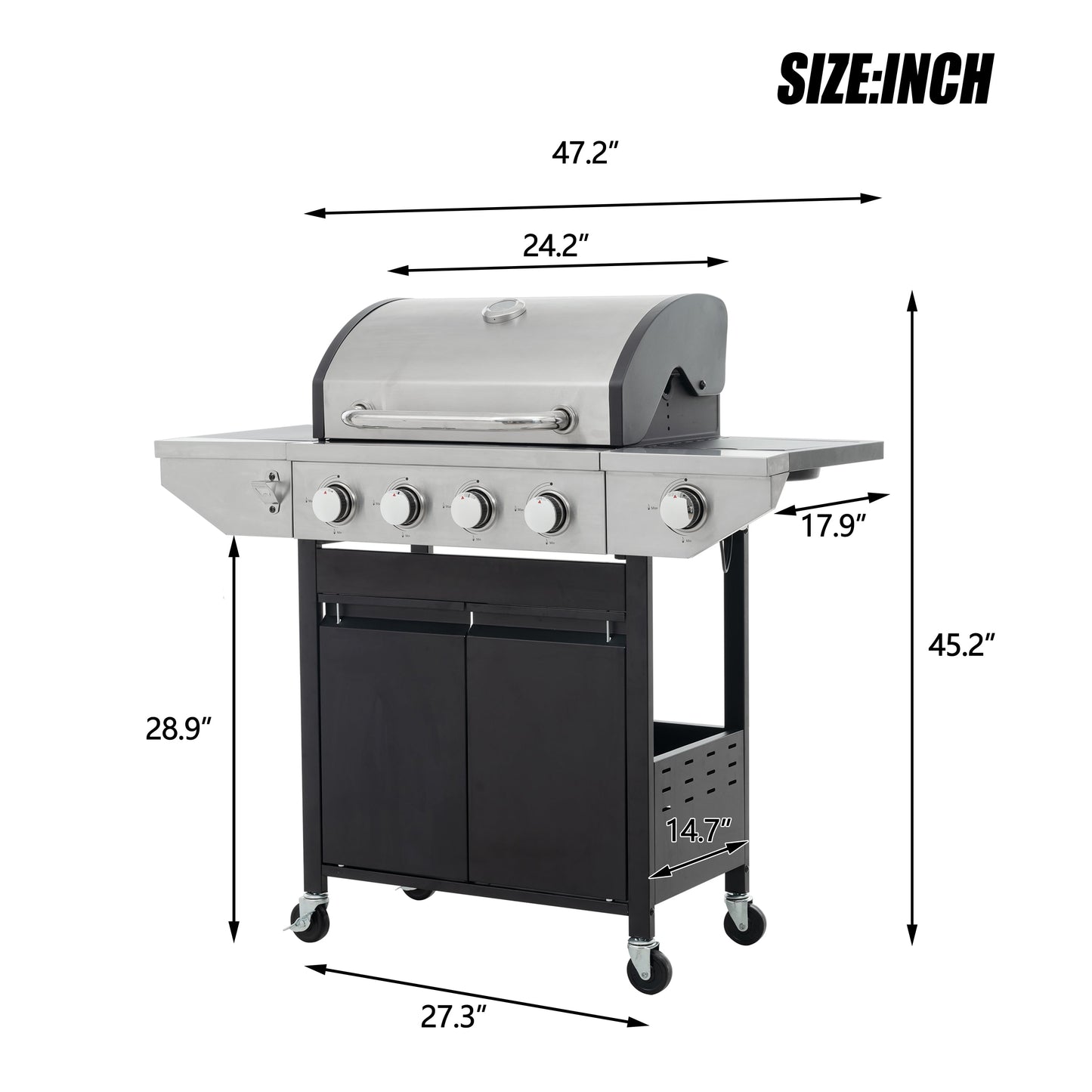 HighSound 4-Burner Propane Gas Grill with Side Burner, 46700 BTU Porcelain-Enameled Cast Iron Grates Outdoor Cooking Stainless Steel BBQ Grills Cabinet, Black
