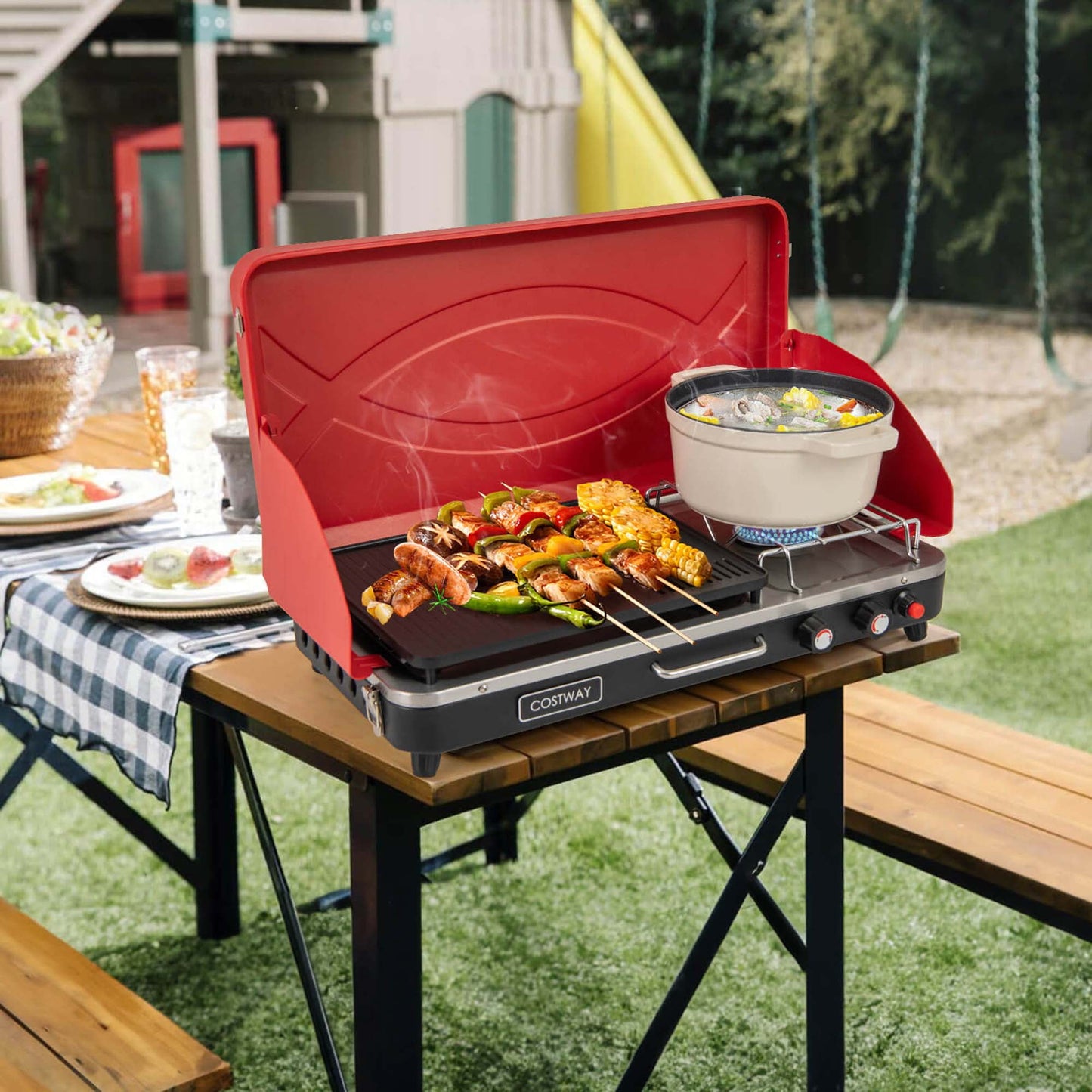 Costway 2-in-1 Propane Grill 2 Burner Camping Gas Stove Portable with Removable Leg Red