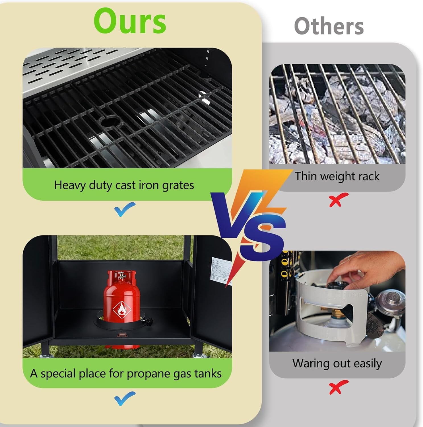 HighSound 4-Burner Propane Gas Grill with Side Burner, 46700 BTU Porcelain-Enameled Cast Iron Grates Outdoor Cooking Stainless Steel BBQ Grills Cabinet, Black