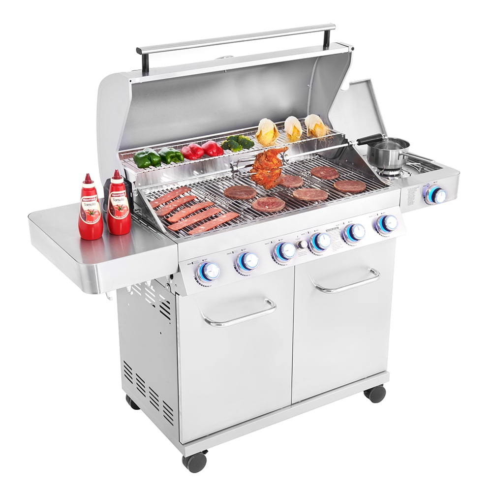 Monument Grills 77352 6-Burner Propane Gas Stainless Grill with LED Controls, Side Burner and Rotisserie Kit