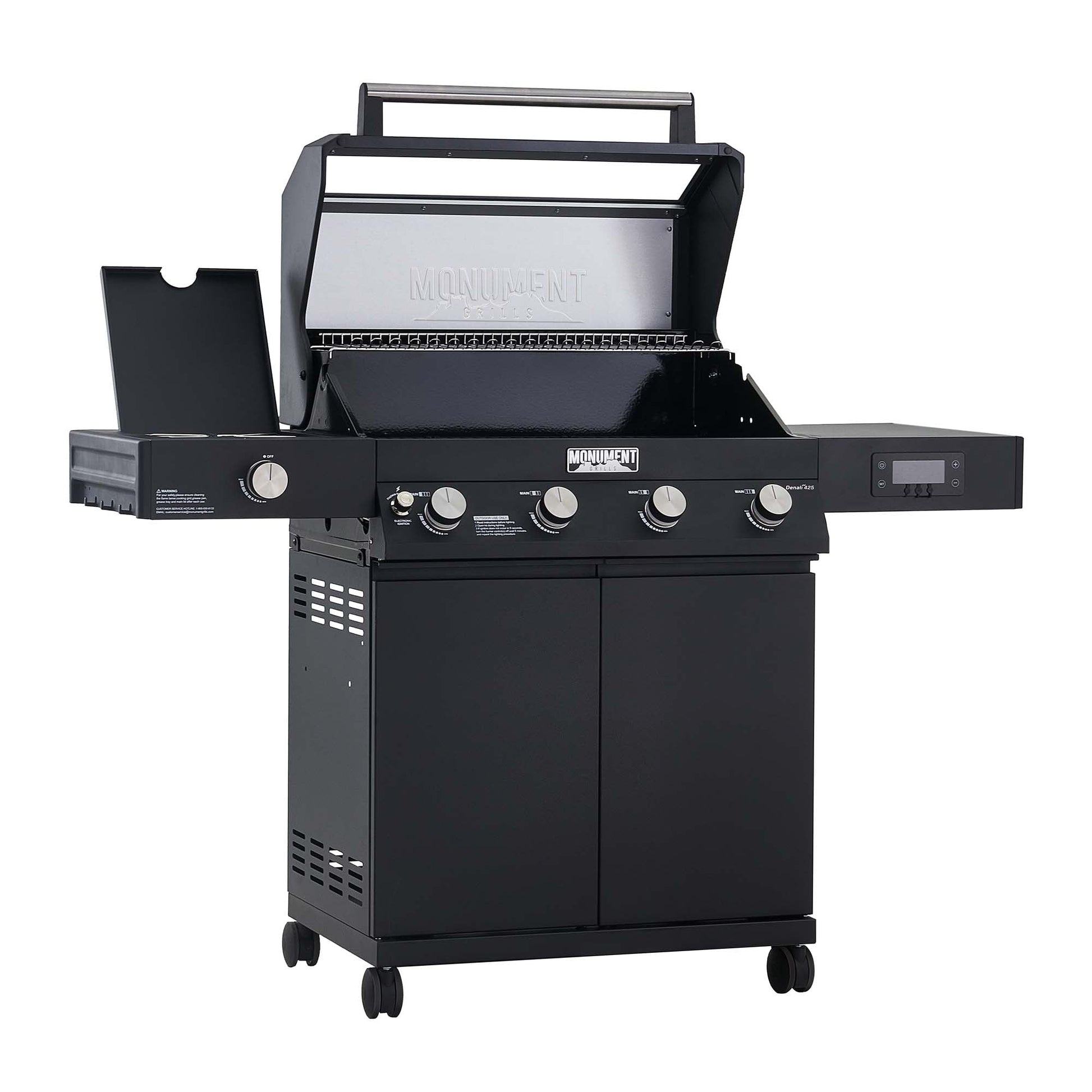 Denali 4-Burner Propane Gas Grill in Black with Clearview Lid, 3-Phase LED Controls and Side Burner