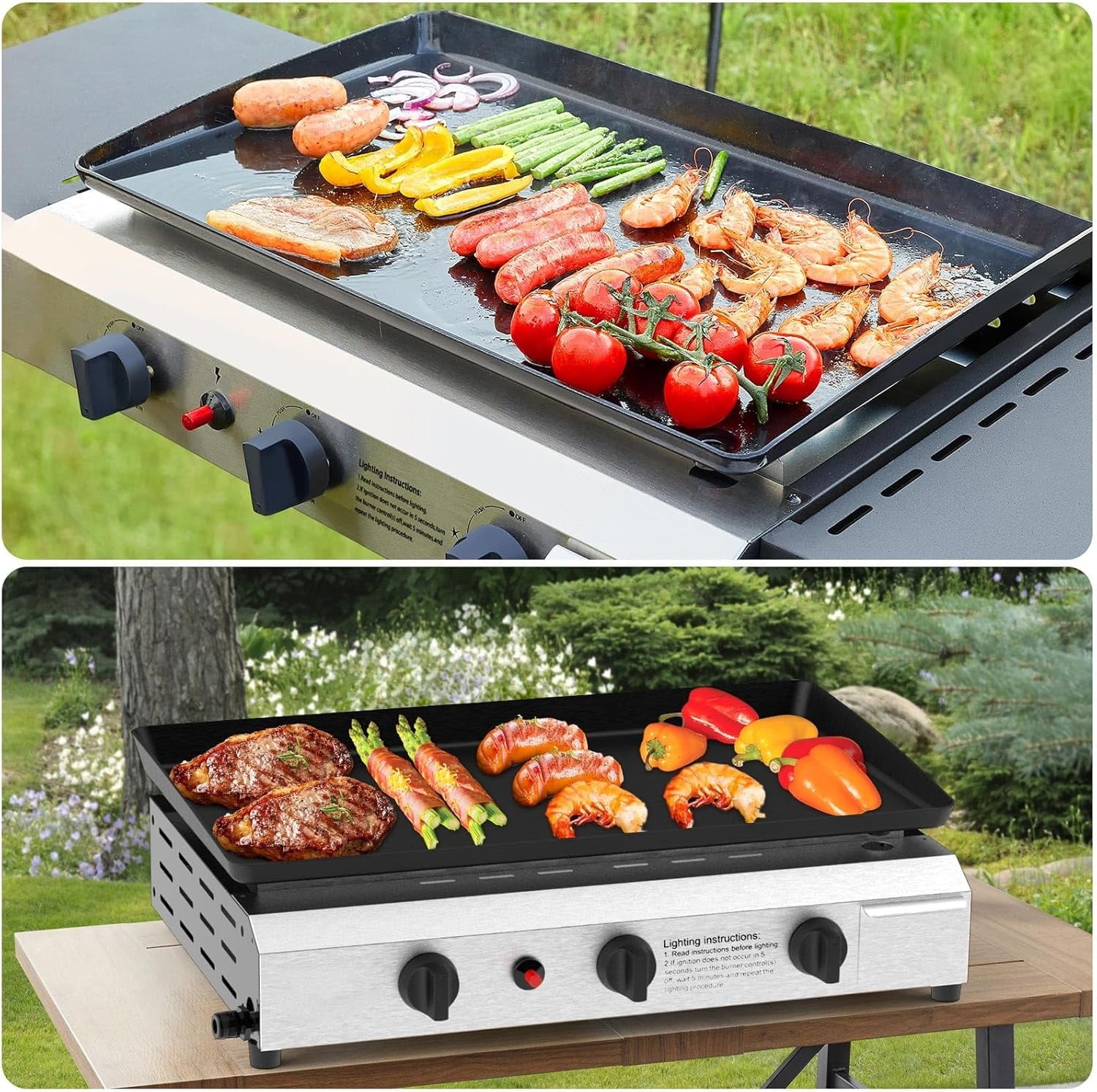 Llamaviva Flat Top Grill with 3 Burners -Auto Ignition Propane Portable GasGrill Premium Stainless Steel Body Tabletop Grill FlatGrills Outdoor Cooking Portable