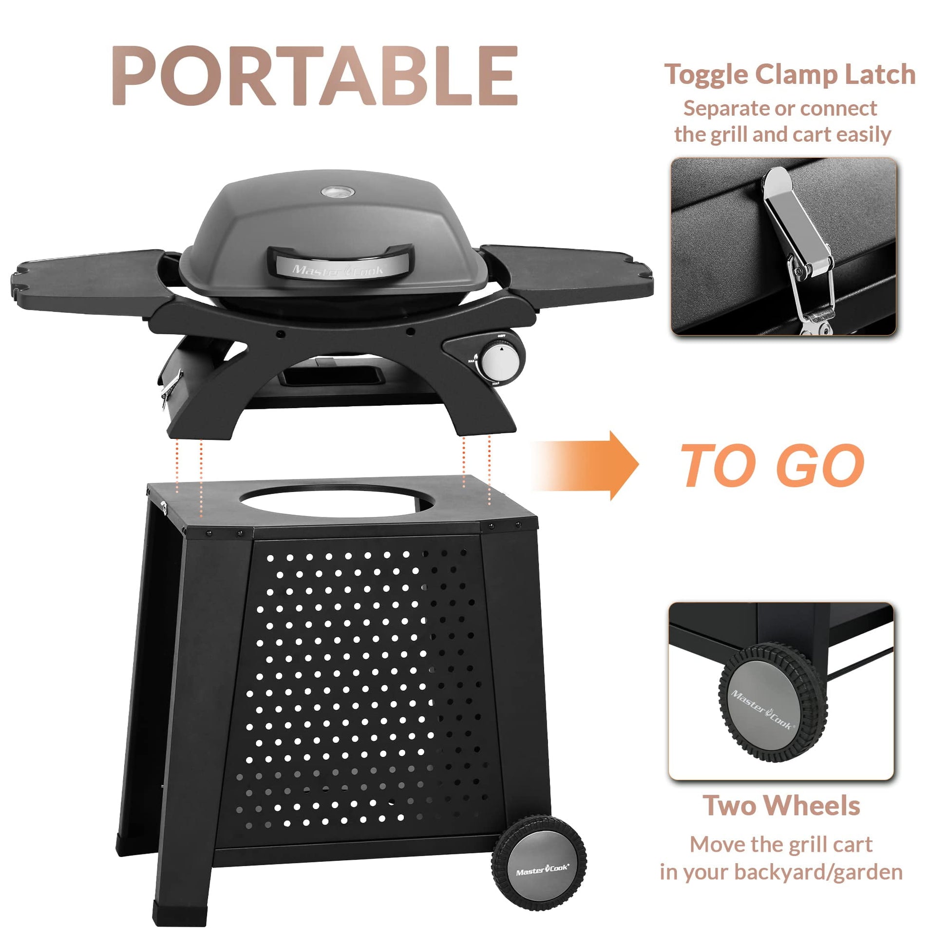 MASTER COOK Gas Grill, Portable Tabletop Propane BBQ Grill with Cart for Patio, Camping, Travel