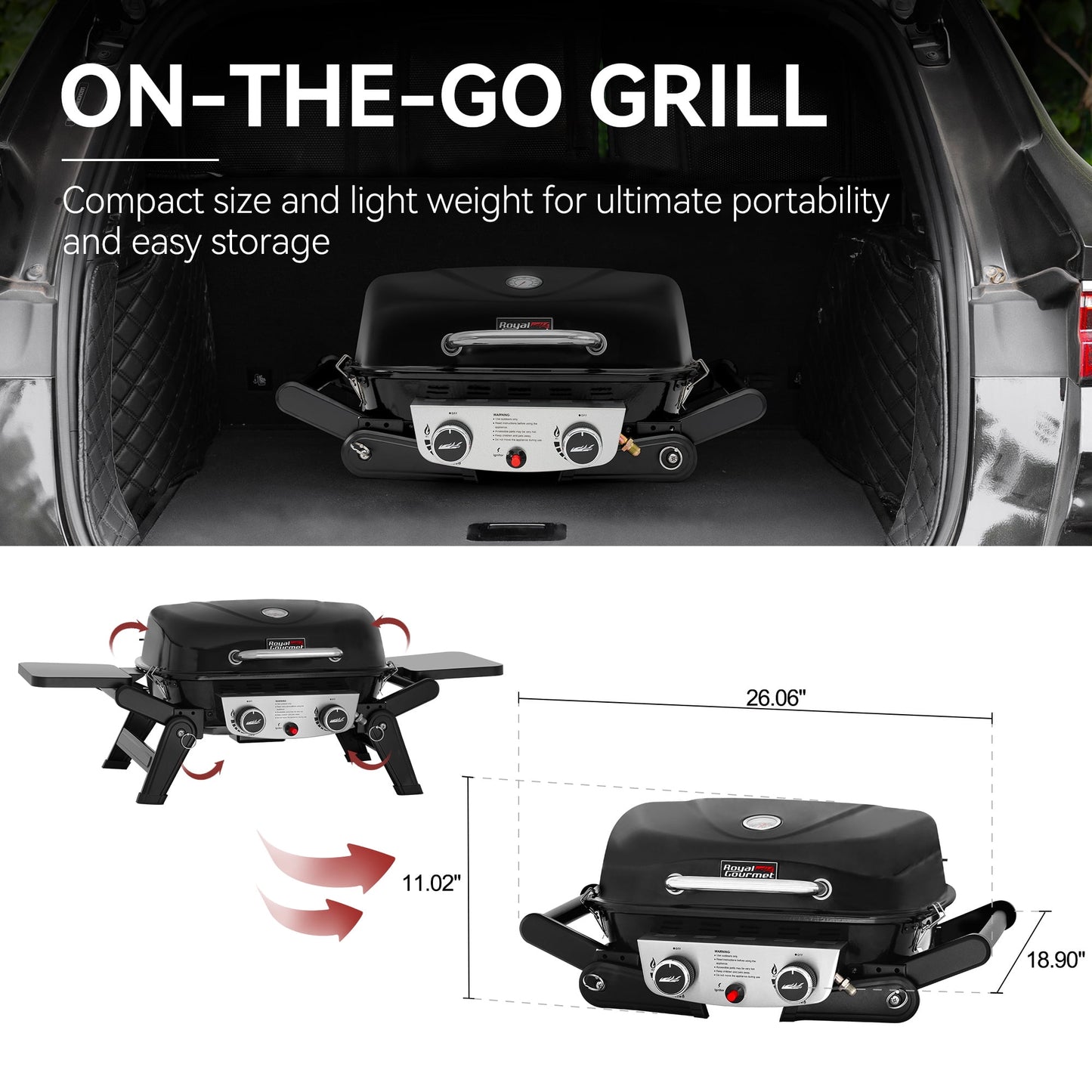 Royal Gourmet GT2005 2-Burner Portable Propane Gas Grill, Tabletop Gas Grill for Outdoor Cooking & Grilling with Foldable Side Tables