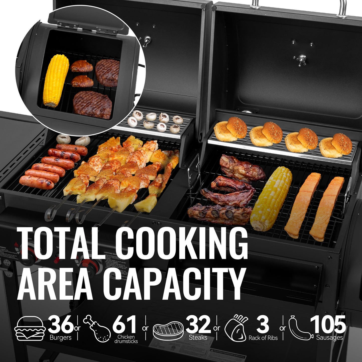 Royal Gourmet ZH3005Y 2-Burner Gas and Charcoal Combo Grill with Offset Smoker & Side Burner