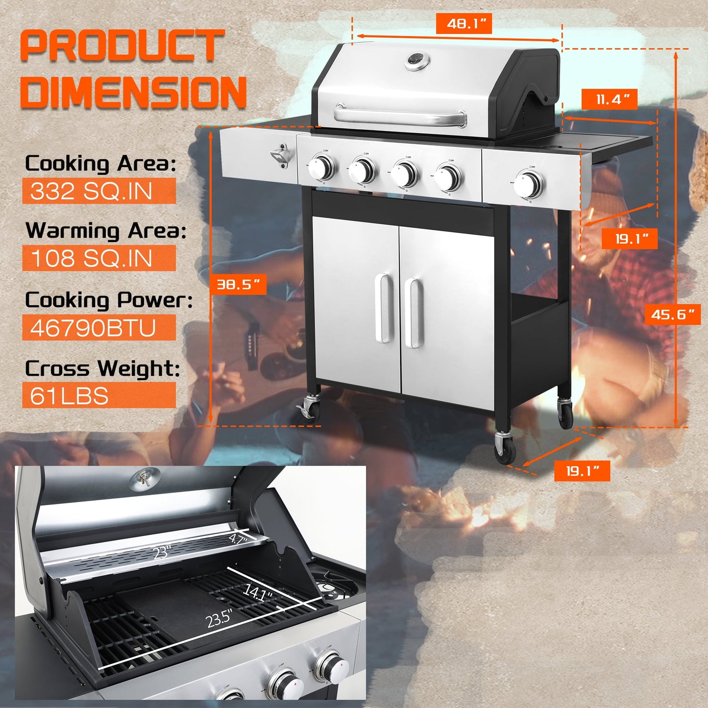 SHINPT Propane Gas Grill,  46790 BTU Heavy Duty Grill with Side Burner and Built-in Thermometer, Stainless Steel BBQ Grill with 440 Warming Area