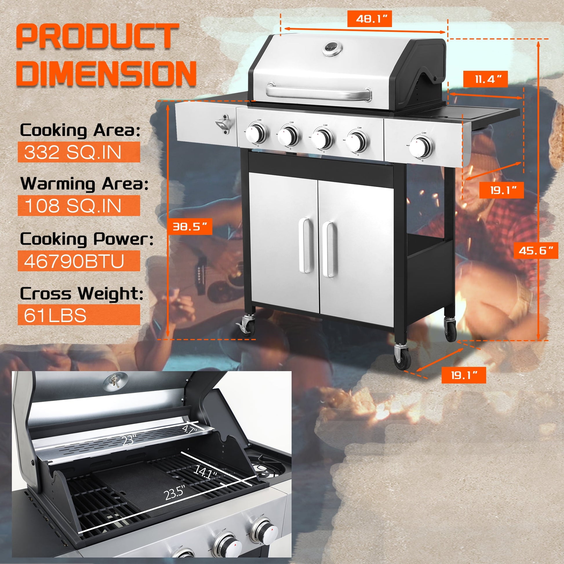 SHINPT Propane Gas Grill,  46790 BTU Heavy Duty Grill with Side Burner and Built-in Thermometer, Stainless Steel BBQ Grill with 440 Warming Area